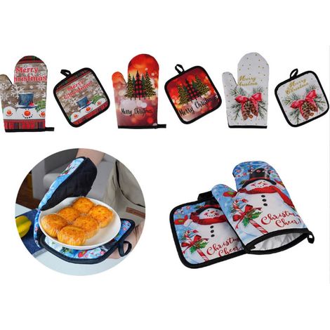 Gants de four à micro-ondes à motif de Noël (lot de 3), résistants aux brûlures, isolants thermiques, gants de cuisine, lot de 2 (4+5+6) (1/4)
