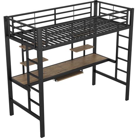 Letto a soppalco in metallo nero 90 x 200 cm con scrivania e 2 ripiani (1/5)