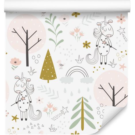 Papel pintado de unicornios en el bosque para salón y dormitorio, 50x1000 cm. (1/5)