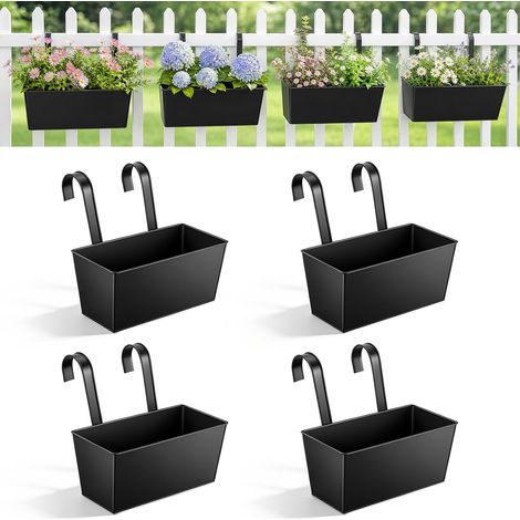 Set of 4 Hanging Balcony Planters, Universal Removable Hooks, Outdoor Balcony Box, Rustproof Draining Iron, Hanging Flower Pots for Balcony, Patio, Garden (1/5)