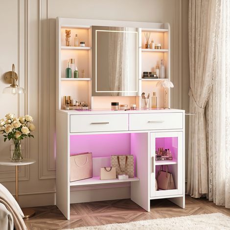 BLANKETSWARM - Coiffeuse blanche avec miroir LED - 90x40x145 cm - 2 tiroirs - 11 Compartiments de Rangement - Style Moderne - Blanc
