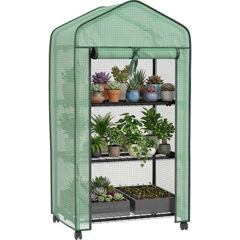 Mini serre de jardin avec 3 étagères, bâche PE haute densité, porte enroulable, 4 roulettes, dim. 69L x 49l x 130H cm (1/5)