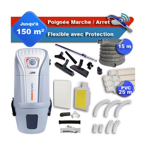Aspirateur central SACH VAC Dynamic 2.4 kW garantie 4 ans + flexible rétractable 15 m avec housse de protection + poignée marche/arrêt + 7 accessoires + kit 1 prise RETRAFLEX + kit prise balai (rayon (1/5)