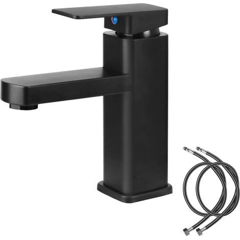 Robinet lavabo noir - mitigeur alliage, eau chaude/froide, 1 tuyau, pour salle de bain (1/5)