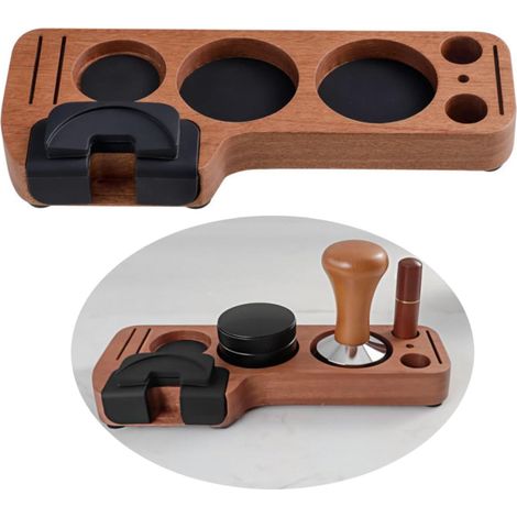 Station de Tassage Multifonctionnelle en Ébène Sapele, Modèle T pour Espresso, Compatible avec des Tasseurs, Distributeurs et Portafiltres de 51 à 58 mm, Support en Bois Massif pour Portafiltres avec