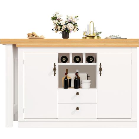 ELVMI Tavolo Bar Estensibile con Ripiani Regolabili e Portabottiglie per Sala da Pranzo in MDF Naturale e Bianco (1/5)
