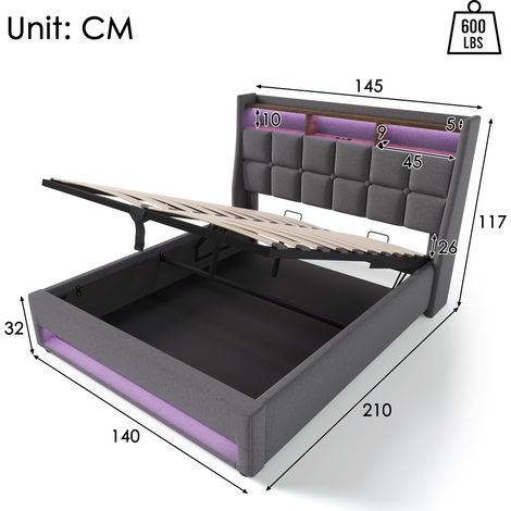 Lit 2 places 140x200 cm avec éclairage LED, sommier intégré en métal, tête de lit en lin, ensemble literie pour adolescent (matelas inclus)