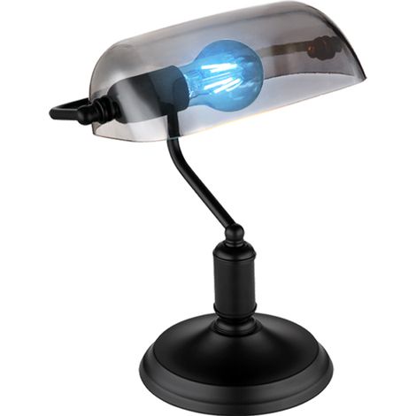 Schreibtischleuchte Bankerlampe Tischlampe schwarz Rauchglas Leseleuchte, Fernbedienung dimmbar, RGB LED 4,8W 470Lm warmweiß, LxH 25x32 cm
