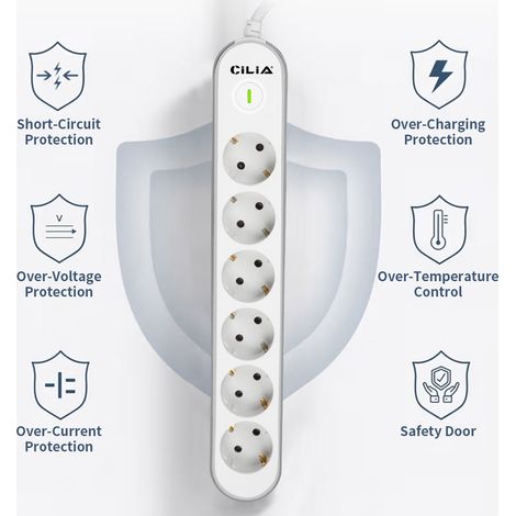 Multiprise CILIA à 6 prises avec interrupteur, protection contre les surtensions, goulotte de câbles dissimulée, 3680 W, 250 V, câble de 1,5 m, blanche, pour salon, cuisine ou chambre. (1/5)
