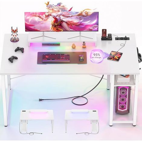 White Gaming Desk with LED and Sockets PC Desk with Ergonomic Monitor Stand Stable Gaming Table Computer Desk Gaming Desk 120 x 50 x 75 cm Office Furniture (1/5)