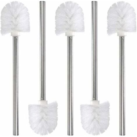 Brosse de rechange pour toilettes/toilettes/salle de bain 5 pièces, tête de brosse de nettoyage, manche en acier inoxydable et tête en plastique, blanc, 37,5cm (1/4)