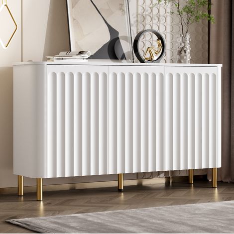 Buffet blanc en MDF à 3 portes sans poignées, reliefs cannelés et pieds métal, 135 cm (1/5)