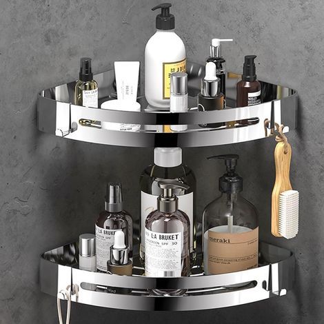 2-Piece No-Drill Shower Shelf, Corner Bathroom Shelf, Self-Adhesive Stainless Steel Bathroom Storage Shelf, Shower Shelf with 4 Hooks for Storage (Silver) (1/5)
