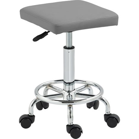 Sgabello girevole regolabile con sedile imbottito, poggiapiedi e ruote per soggiorno e officina, 34x34x50 - 66 cm, grigio.