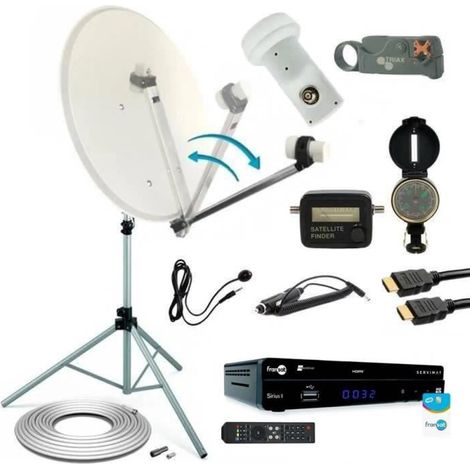 HDME Kit Parabole acier 60cm bras repliable + Récepteur FRANSAT + LNB Single + Câble Coaxial + Trepied + dénudeur