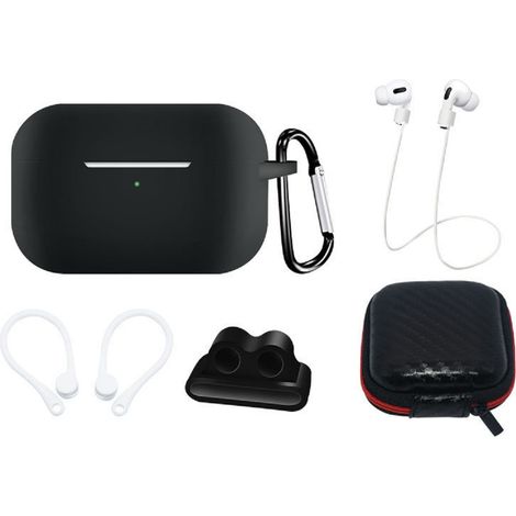 Silikonhüllen-Set für AirPods Pro 2 / AirPods Pro 1 + Hülle / Ohrbügel / Umhängeband / Uhrenarmbandhalter / Karabiner Schwarz