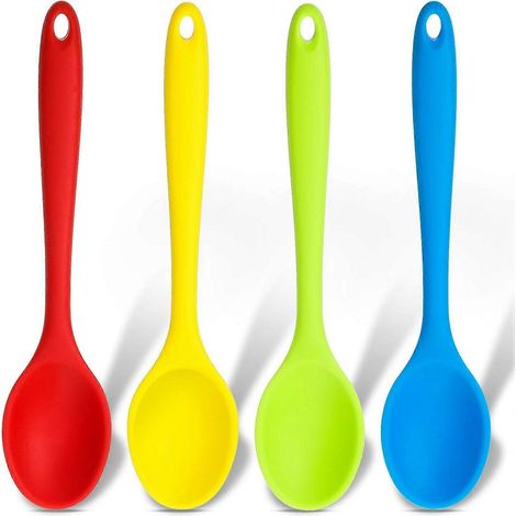 Set mit 4 kleinen, mehrfarbigen Silikonlöffeln mit Antihaftbeschichtung zum Kochen, Zubereiten von Speisen, Backen und Mischen. (1/5)