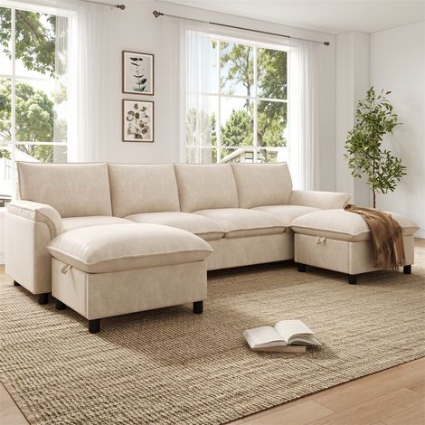 Divano modulare a U - 264,5x78,5x84 cm - Divano angolare in ciniglia tipo Cloud con 2 pouf con contenitore - Beige (1/5)