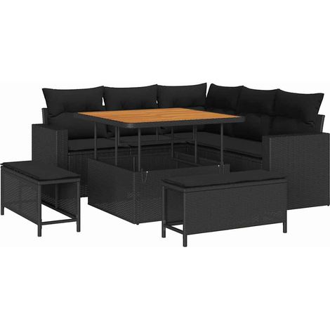 vidaXL Set Divano da Giardino 9 pz 6 posto Nero polyrattan (1/5)