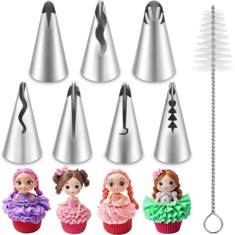Ensemble de 7 douilles à pâtisserie ondulées avec pinceau, outils de glaçage durables en acier inoxydable pour la décoration de gâteaux et de pâtisseries, indispensables pour les cupcakes et les desse (1/5)