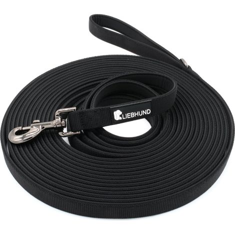 Laisse pour chien 10 m, entièrement rembourrée en néoprène, 2 cm de large, robuste et antidérapante, noire, avec mousqueton et anneau, laisse d'entraînement avec poignée rembourrée (1/5)