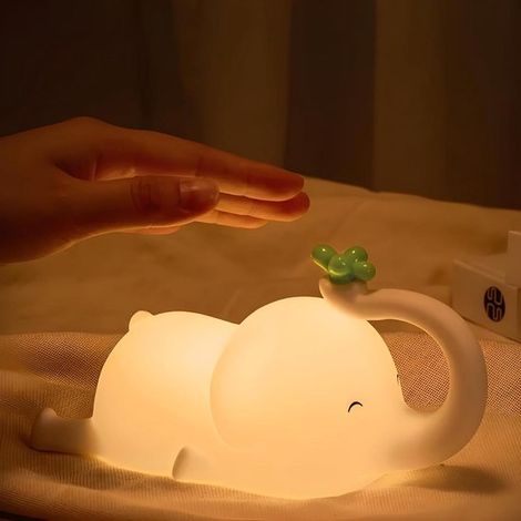 Lámpara de noche infantil con forma de elefante: lámpara de mesita de noche táctil de silicona regulable con temporizador,recargable por USB (1/5)
