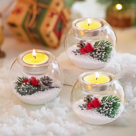 Juego de 3 portavelas navideños de cristal con bayas rojas/piñas, portavelas para centro de mesa. (1/4)