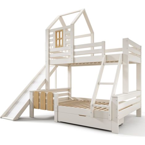 Litera infantil 90x200/140x200 con tobogán, escalera y cajón, blanco madera (1/5)