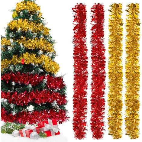 Guirlande de Noël Tinsel,4 Pièces 2M Guirlandes Noel,Guirlande Sapin Noel Decoration pour Sapin, Décoration, Fête, Murs, Fenêtres,Rouges+Dorées (1/5)
