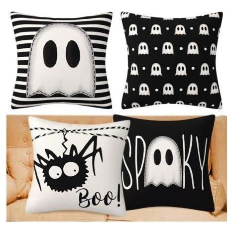 Halloween Cushion Covers - Pumpkin & Ghost - 4 Pieces - 45x45 cm - Multicolor Linen & Cotton