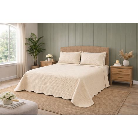 Couvre-lit double matelassé Venice 250x250 Beige – Microfibre Manopesca, matelassage à carreaux, 100 g/m², bord ondulé