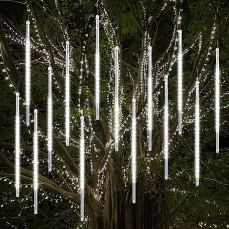 Lumières de Noël extérieures, Lumières de pluie de météores avec 16 tubes spirales (50cm 864 LEDs) longueur 5,25m, Lampe à glaçons étanche pour la décoration de Noël en extérieur, Blanc (1/5)