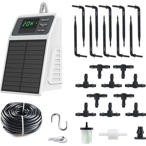 Système d'arrosage goutte-à-goutte automatique solaire avec programmateur et tuyau de 10 m kit d'arrosage automatique à monter soi-même, adapté aux jardins, plantes en pot (1/5)