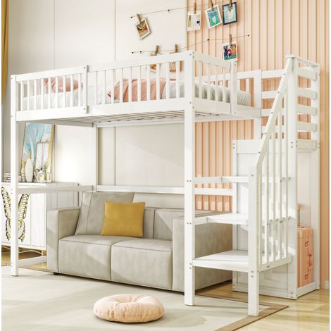 Cama alta infantil 90x200 cm con escalera y almacenaje, blanca, madera, sin colchón FloraGrace (1/5)