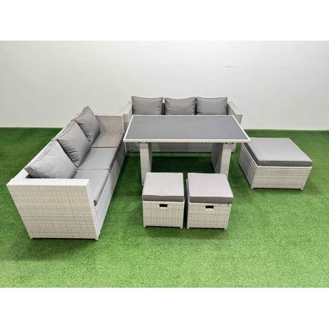 Fimous Rattan Garden Furniture Dining Set 9-seater Patio Rectangular Table Sofa Set with 3 Stools Light Grey (1/5)