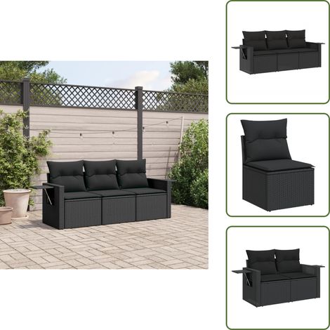 The Living Store 3-tlg. Garten-Sofagarnitur mit Kissen Schwarz Poly Rattan - Gartengestell - Gartenmöbelset - Outdoor Möbel - Lounge Set - Rattan Gartenmöbel (1/5)