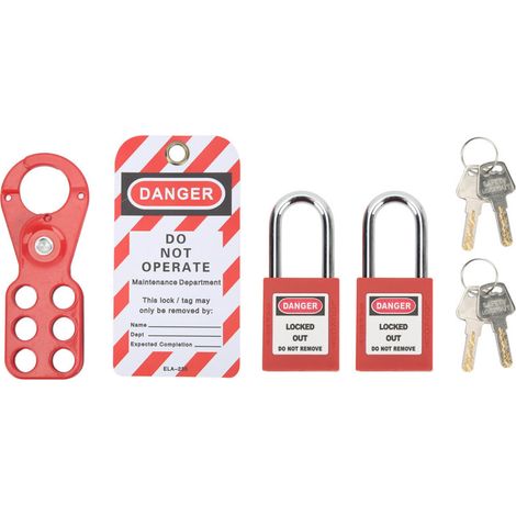 Kit de bloqueo industrial LOTO: 4 candados de seguridad con pestillo + etiquetas a prueba de manipulaciones + grillete de acero de 25 mm