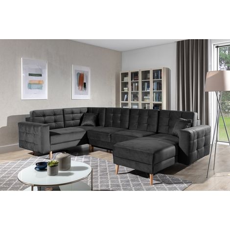 Canapé panoramique convertible 5 places – Velours gris anthracite – Méridienne droite – Dimensions 320x202x90 cm – Surface de couchage 120x282 cm (1/5)