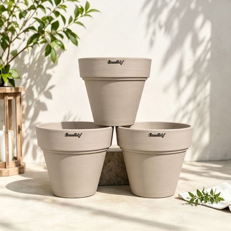 Blumentopf außen Ø 25,4 cm Beige – runder Pflanzkübel Kunststoff für innen und außen, Blumenkübel modern, leicht & robust, für Balkon Garten Terrasse (1/5)