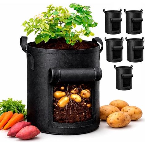 Un ensemble de cinq sacs de plantation de pommes de terre de 38 litres - sacs de jardin avec poignées renforcées - adaptés à la culture des tomates (1/5)