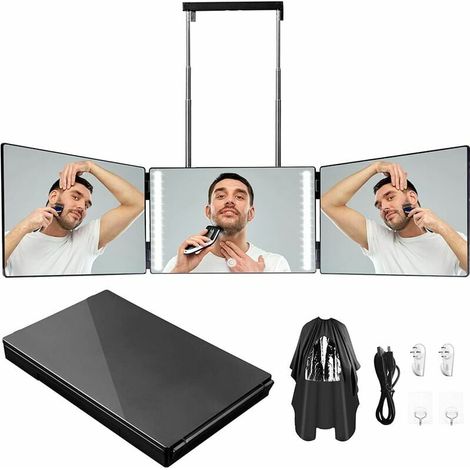 Miroir à 360 degrés avec éclairage, miroir à 3 faces, miroir à atténuation tricolore, miroir de rasage LED, miroir cosmétique, crochet télescopique réglable en hauteur… (1/5)