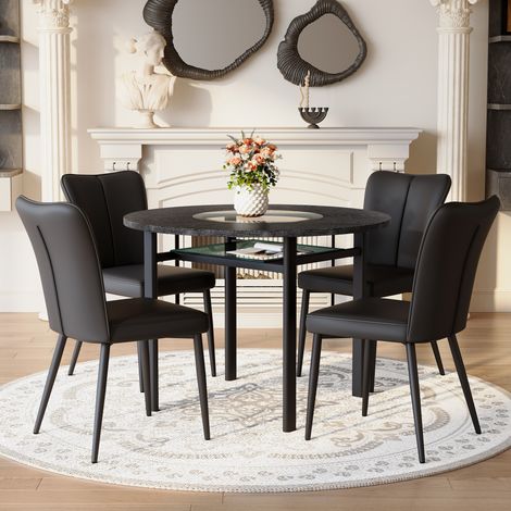 Ensemble de salle à manger rond MDF noir effet bois avec verre, 1 table Ø100 cm et 4 chaises PU noires, pieds métal (1/5)