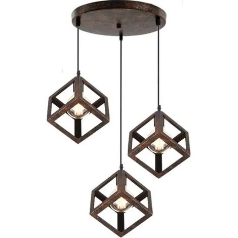 U-DO 3 Têtes Lustre Disque Rouille Suspension forme Carré Lampe Cage en Fer Rouille pour Couloir Restaurant Salon (1/4)