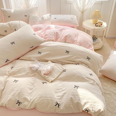 Parure de lit 2 pièces, pour fille, 140 x 200 cm, blanc, rose, avec nœud noir, en microfibre renforcée, housse de couette et taie d'oreiller de 70 x 90 cm, motif, lit simple (1/5)