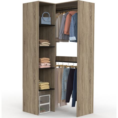 Dressing d'angle modulable L. 90 / 127 cm MELMAN double penderie + étagères bois et noir