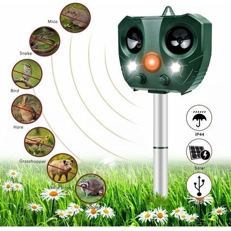 Répulsif à ultrasons pour animaux – Solaire, étanche, fréquence réglable – Alarme et lumières LED pour éloigner chats et nuisibles (1/5)