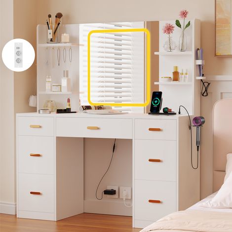 Dewinner – Coiffeuse enfant avec miroir lumineux LED – 107 x 40 x 140 cm – 7 tiroirs, 4 étagères, 5 crochets – Prises AC et USB intégrées (1/5)