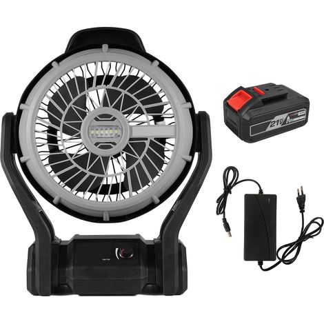 Ventilateur industriel à double usage à batterie lithium 21V, débit d'air élevé, éclairage LED, réglage progressif, rotation 120°, suspendu/plat (noir, norme européenne) (1/5)