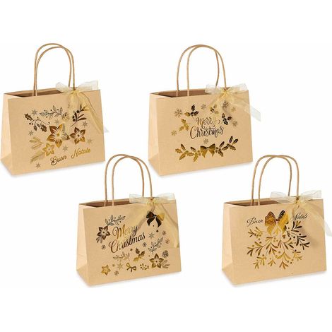 Sacs moyens horizontaux en papier kraft avec nœud et décors de Noël effet doré, lot de 28, 23 x 10 x H. 17 cm