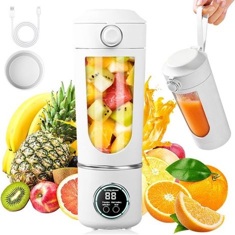 Batidora portátil de 700 ml con 12 cuchillas, para batidos, pantalla LCD, USB-C, color blanco. (1/5)